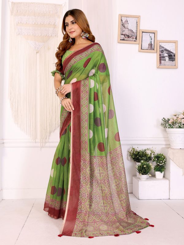 Buy Green Chanderi Cotton Printed Saree with Maroon Borders
