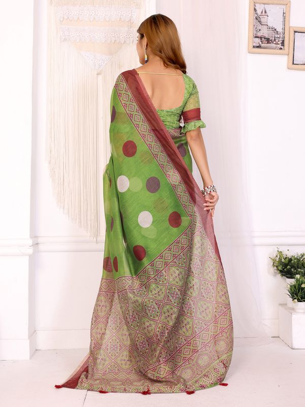 Buy Green Chanderi Cotton Printed Saree with Maroon Borders