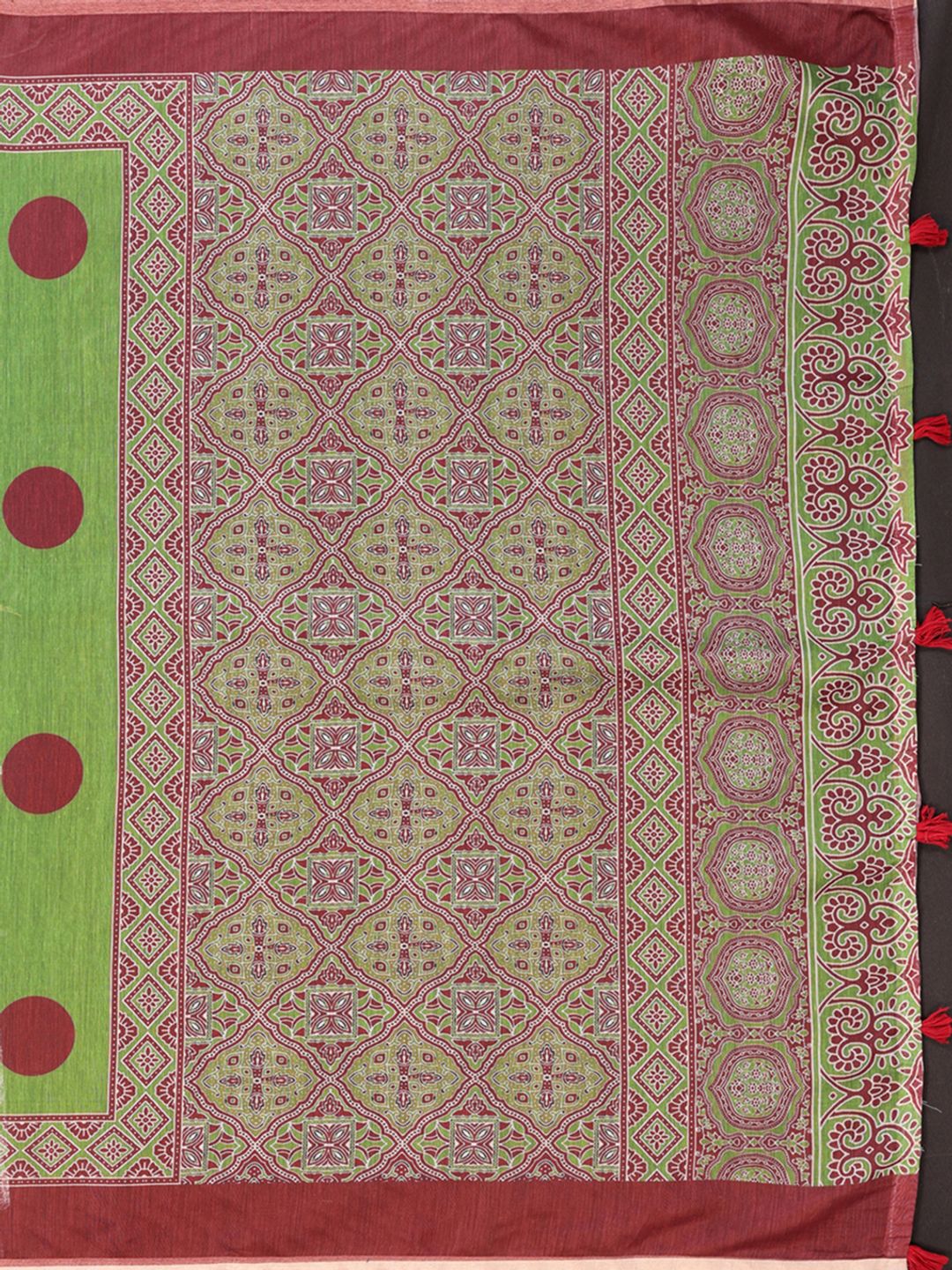Buy Green Chanderi Cotton Printed Saree with Maroon Borders