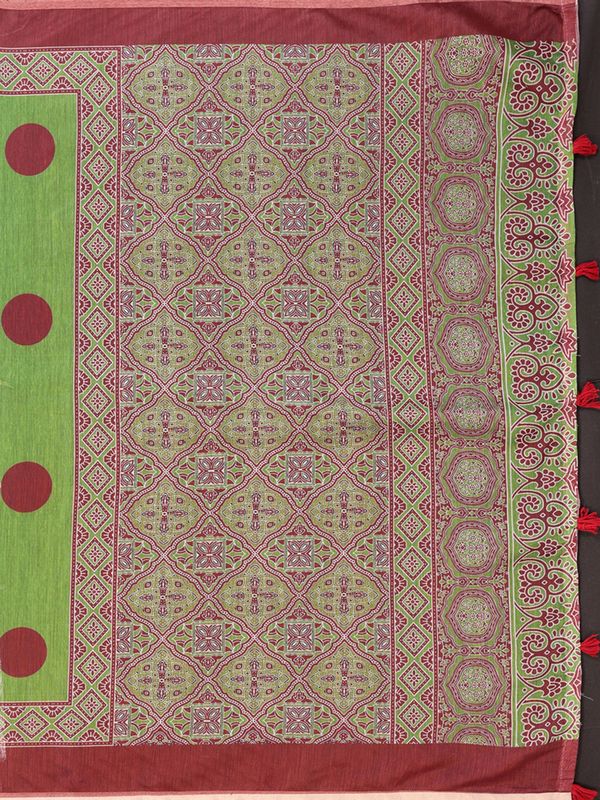 Buy Green Chanderi Cotton Printed Saree with Maroon Borders