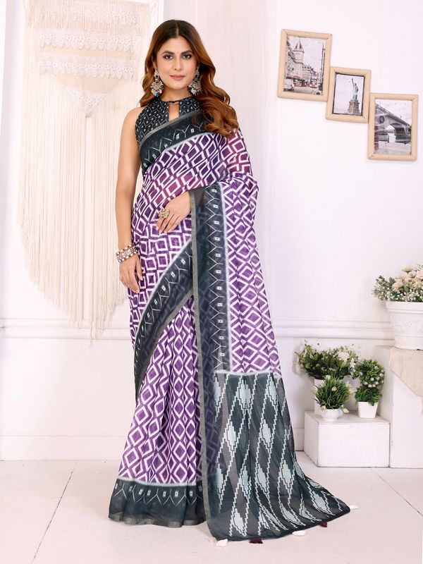 Purple Geometric Chanderi Cotton Saree with Contrast Border