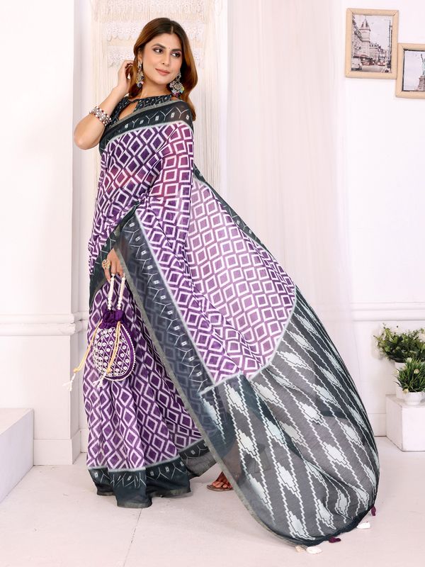 Purple Geometric Chanderi Cotton Saree with Contrast Border