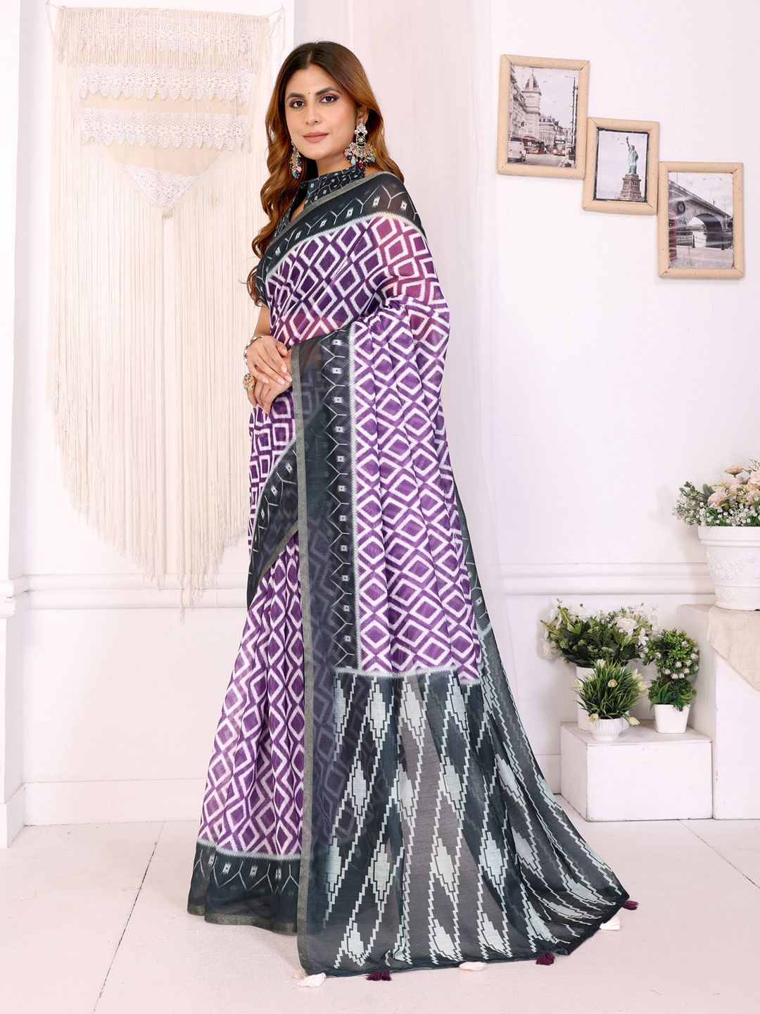 Purple Geometric Chanderi Cotton Saree with Contrast Border
