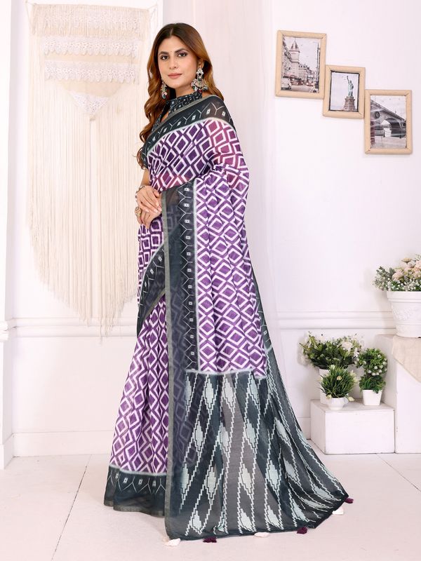 Purple Geometric Chanderi Cotton Saree with Contrast Border