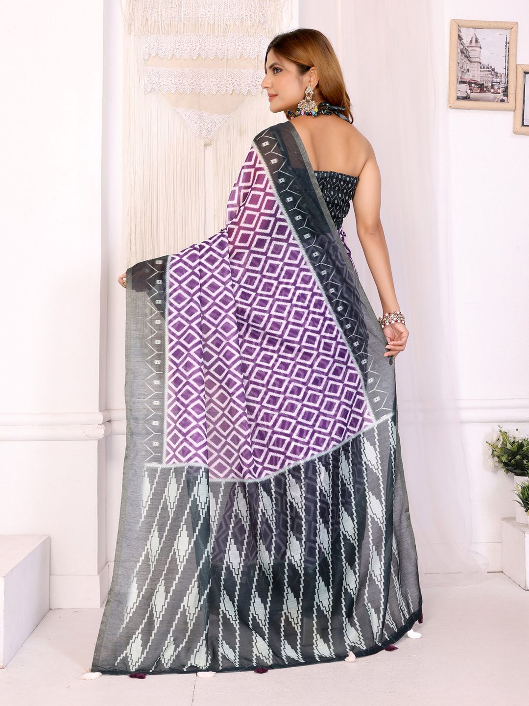 Purple Geometric Chanderi Cotton Saree with Contrast Border