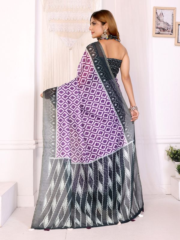 Purple Geometric Chanderi Cotton Saree with Contrast Border