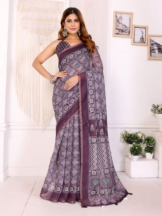 Purple Printed Chanderi Cotton Saree With Patterned Border