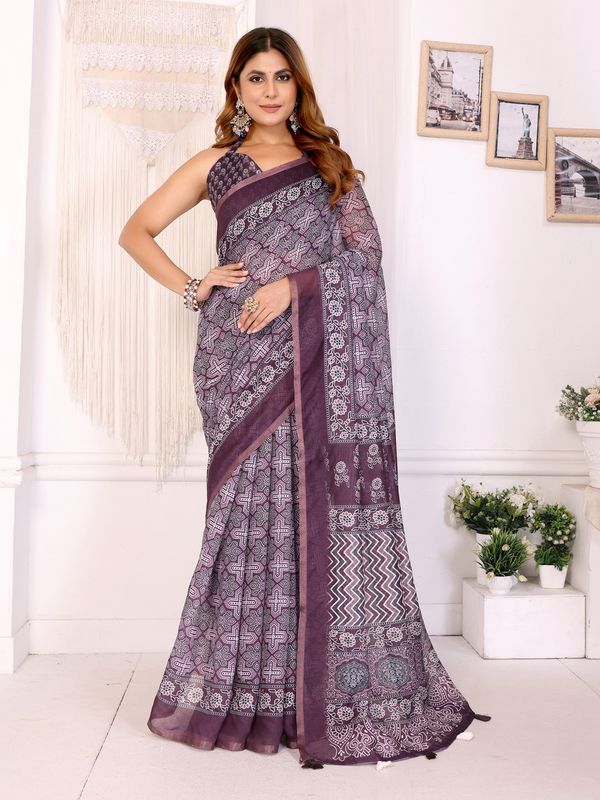 Purple Printed Chanderi Cotton Saree With Patterned Border