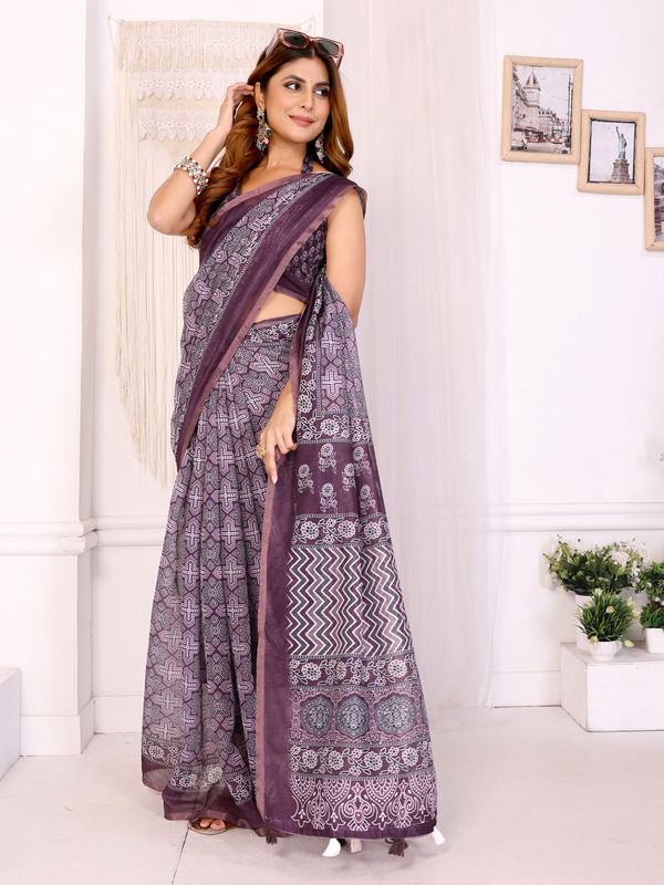 Purple Printed Chanderi Cotton Saree With Patterned Border