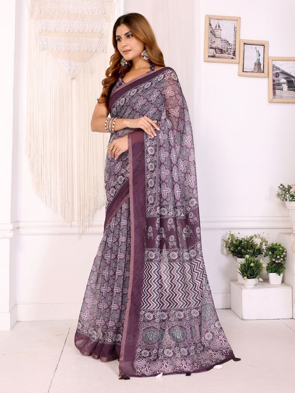 Purple Printed Chanderi Cotton Saree With Patterned Border