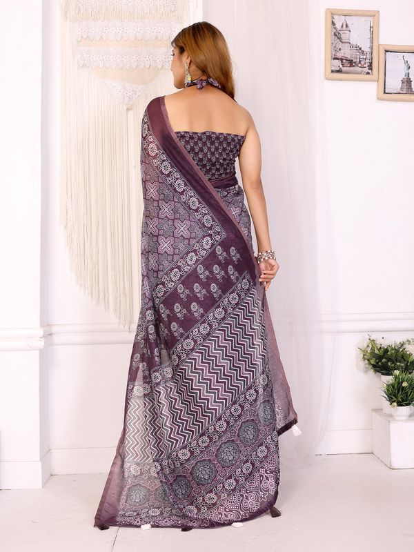 Purple Printed Chanderi Cotton Saree With Patterned Border