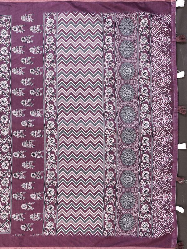 Purple Printed Chanderi Cotton Saree With Patterned Border