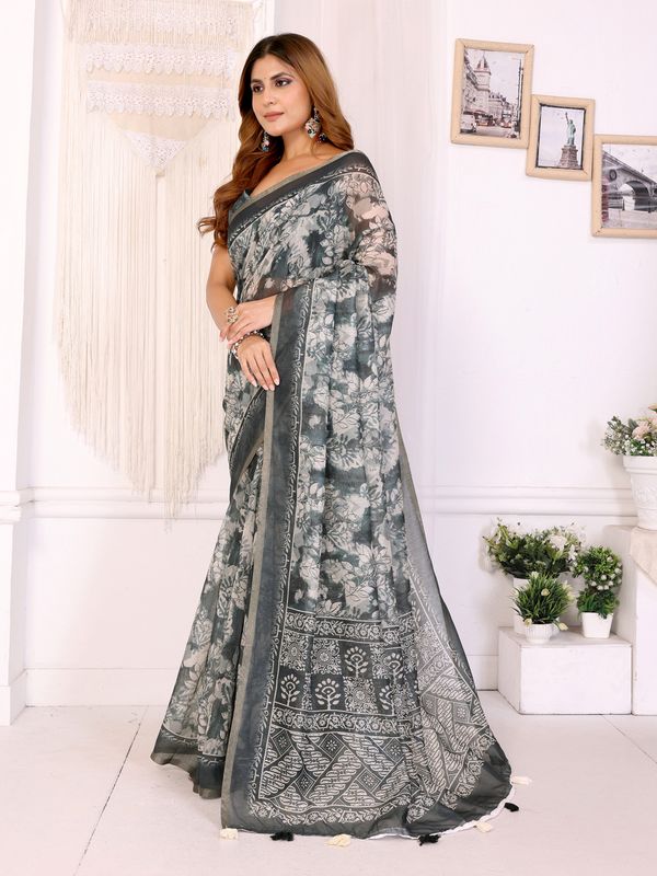 Slate Grey Floral Chanderi Cotton Saree with Printed Pallu