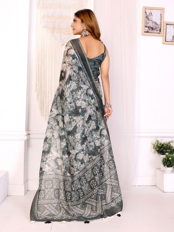 Slate Grey Floral Chanderi Cotton Saree with Printed Pallu