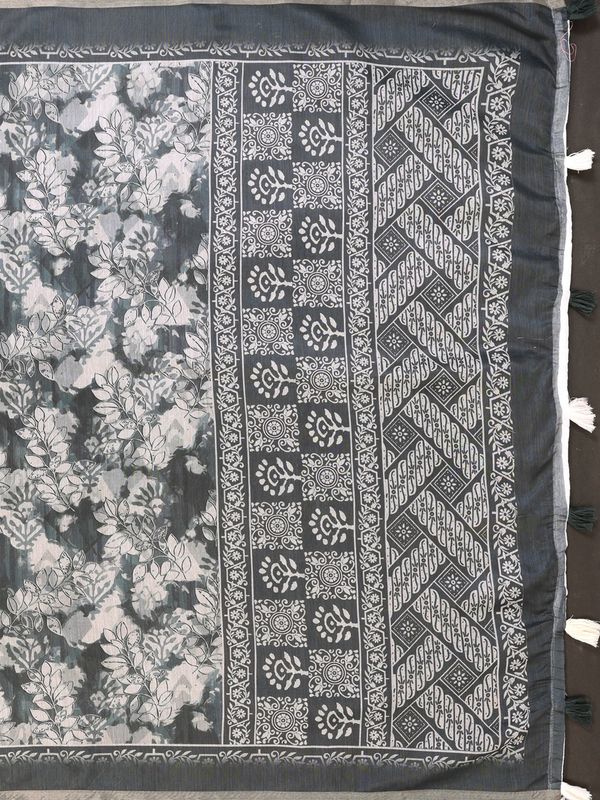 Slate Grey Floral Chanderi Cotton Saree with Printed Pallu