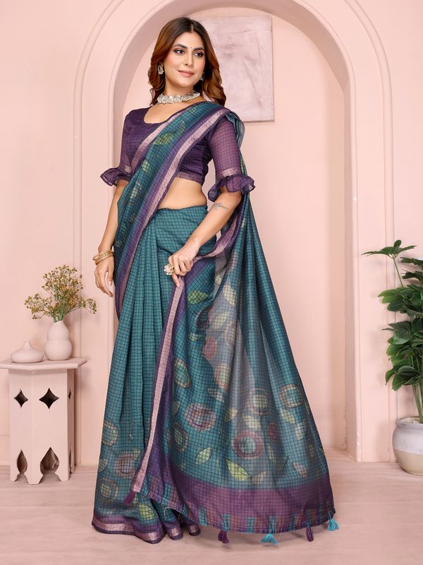 Black Chanderi Cotton Saree with Contemporary Checked Weave