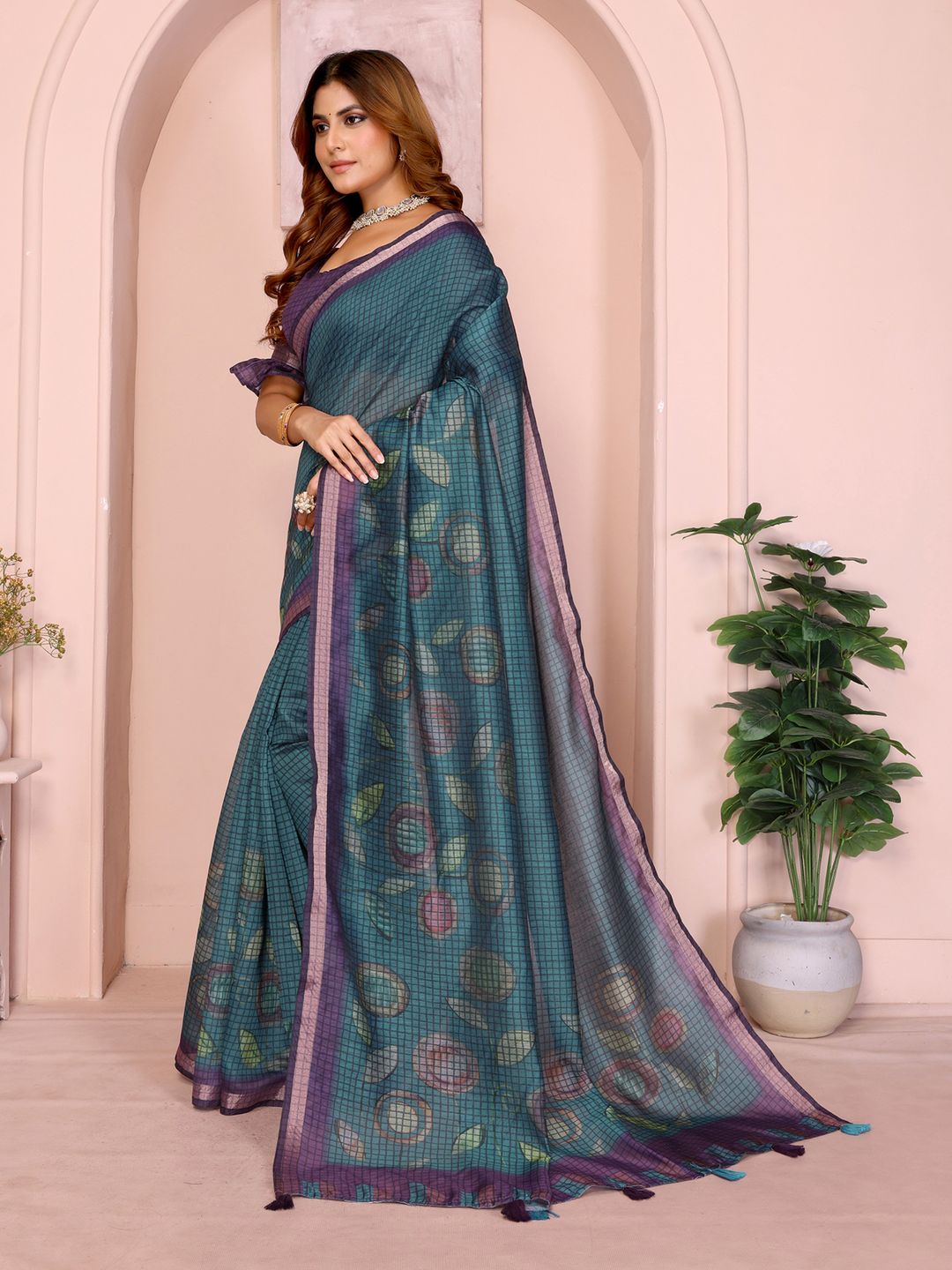 Black Chanderi Cotton Saree with Contemporary Checked Weave