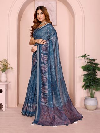 Indigo Chanderi Cotton Saree with Paisley Print & Border