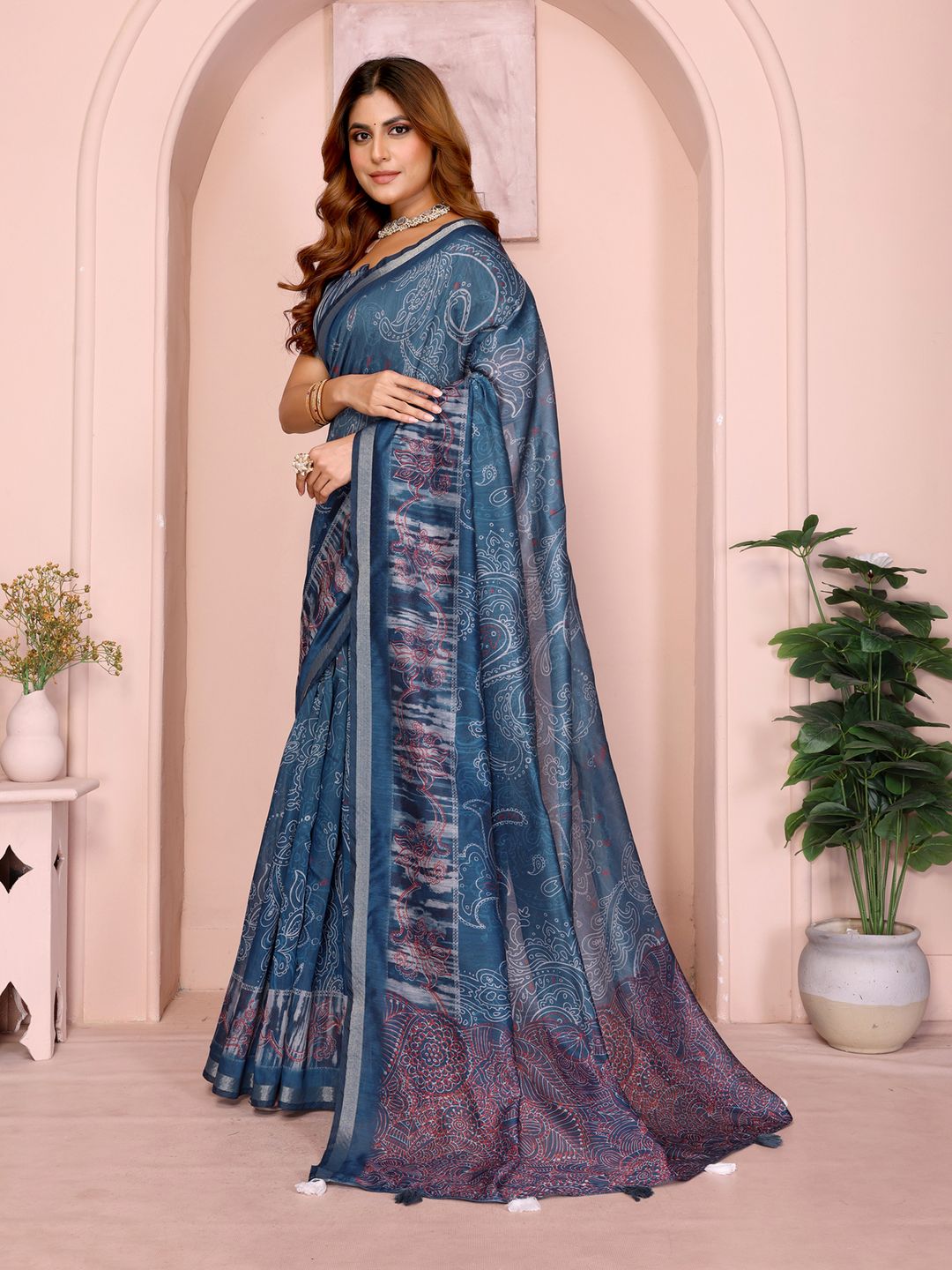 Indigo Chanderi Cotton Saree with Paisley Print & Border