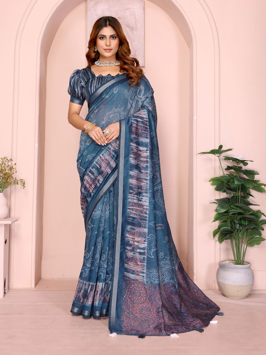 Indigo Chanderi Cotton Saree with Paisley Print & Border