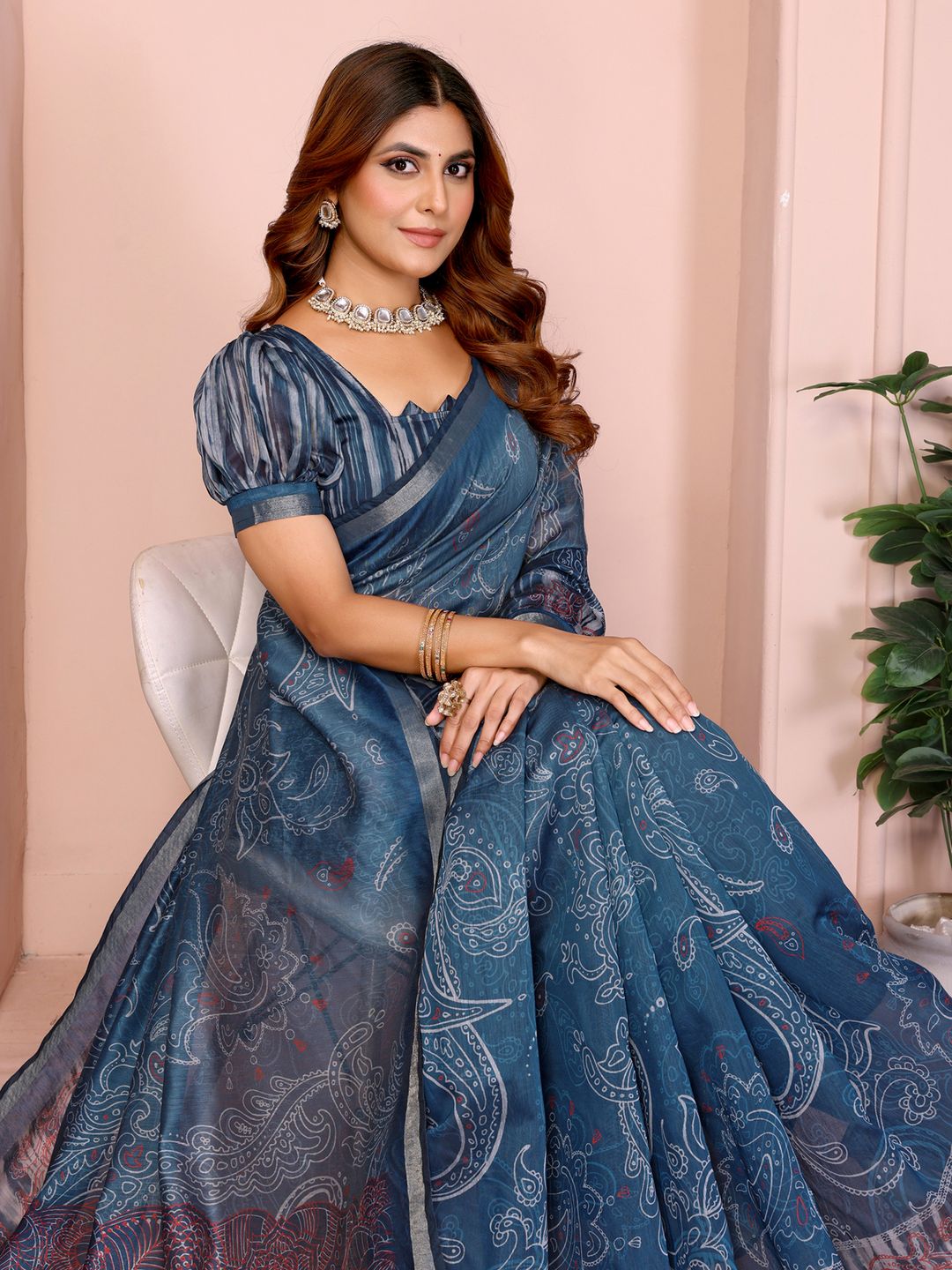 Indigo Chanderi Cotton Saree with Paisley Print & Border