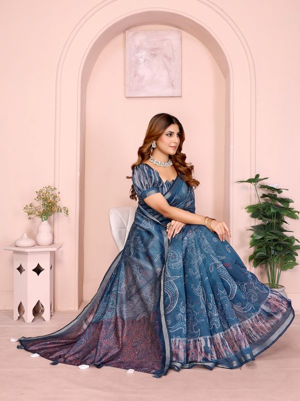 Indigo Chanderi Cotton Saree with Paisley Print & Border
