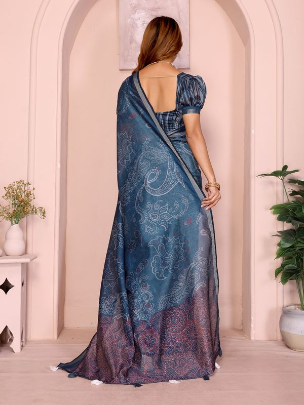 Indigo Chanderi Cotton Saree with Paisley Print & Border