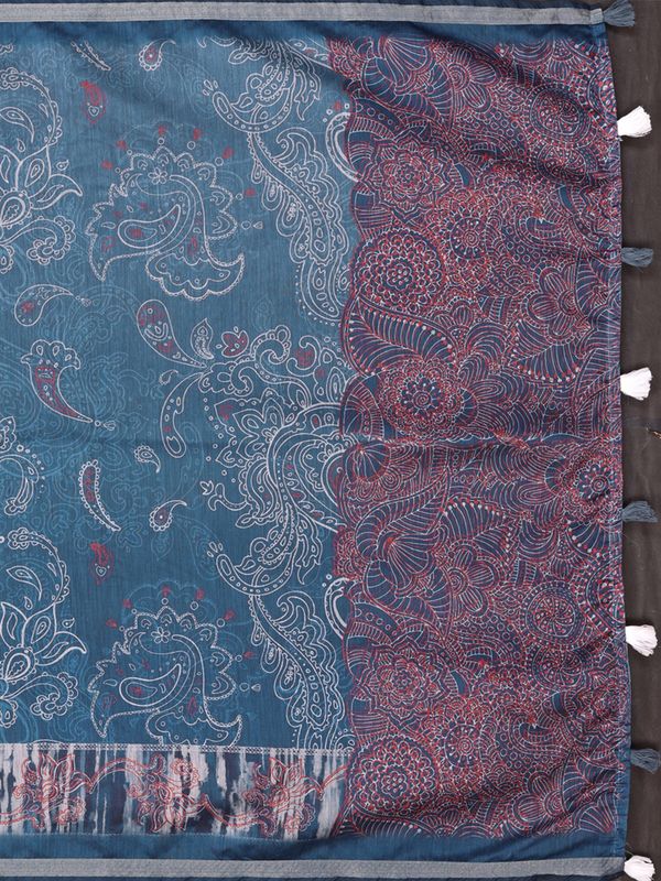 Indigo Chanderi Cotton Saree with Paisley Print & Border