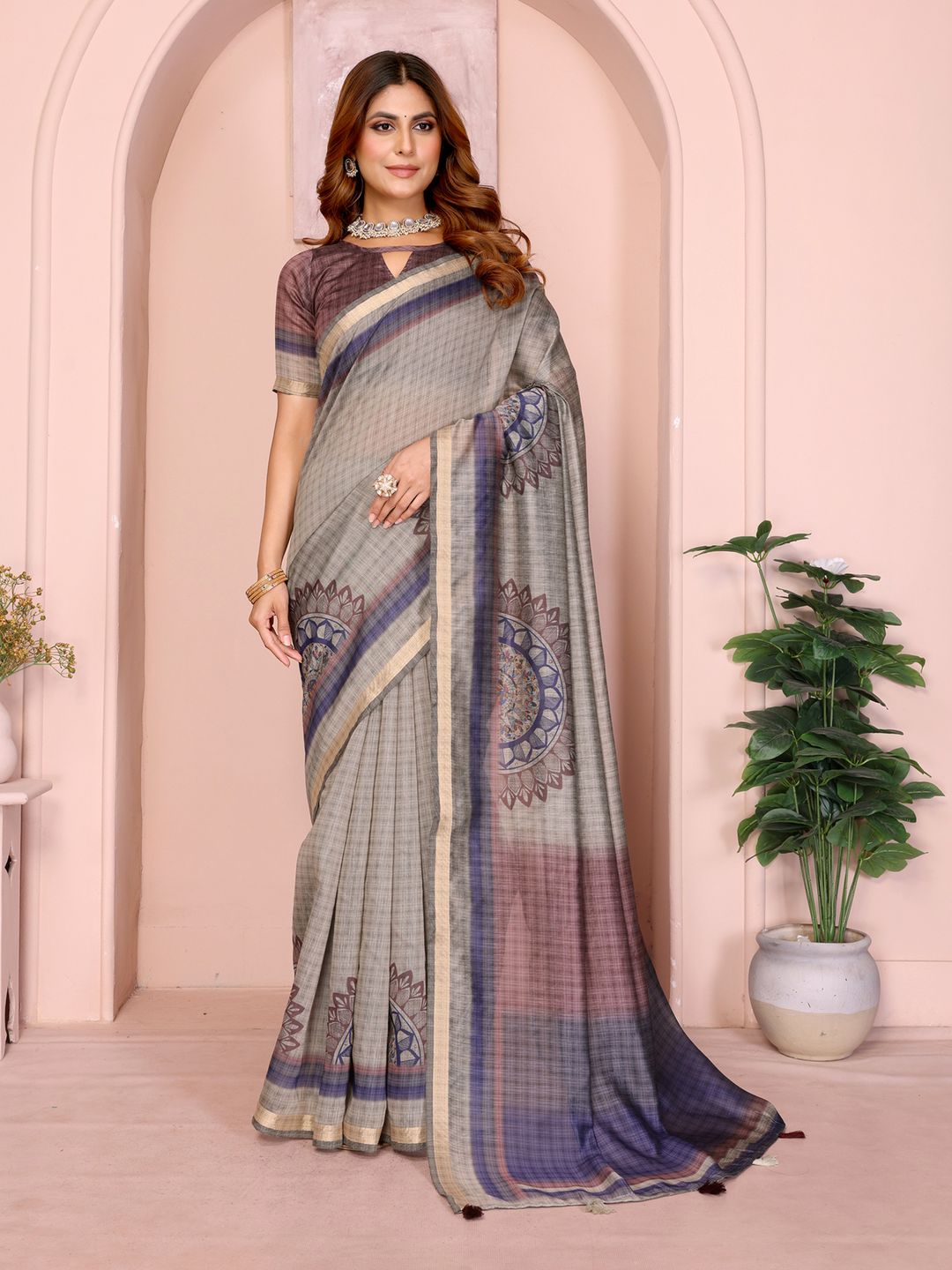 Taupe Chanderi Cotton Saree with Botanical Border Detailing