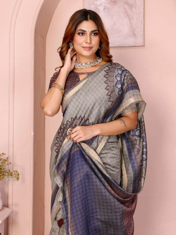 Taupe Chanderi Cotton Saree with Botanical Border Detailing