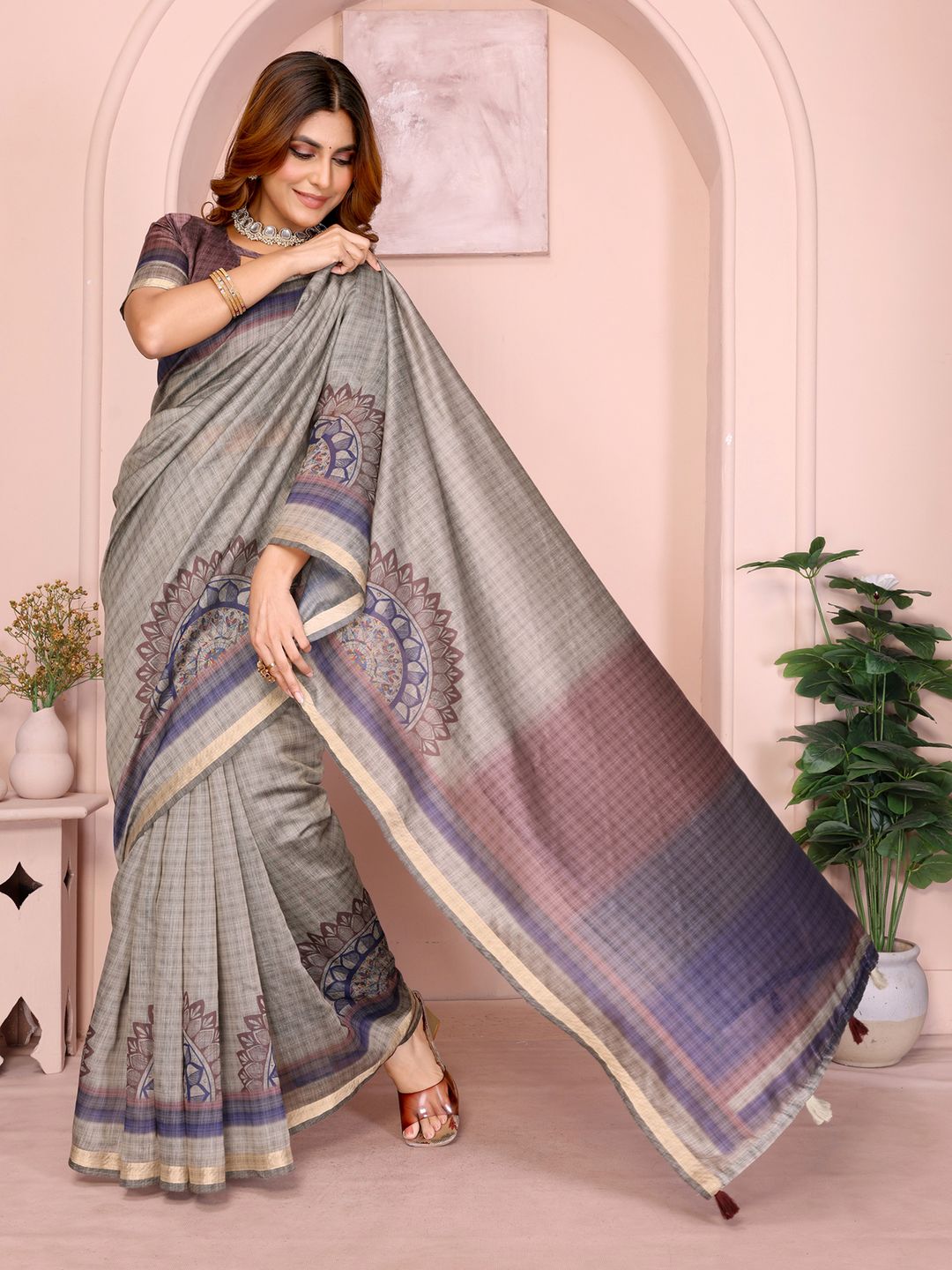 Taupe Chanderi Cotton Saree with Botanical Border Detailing