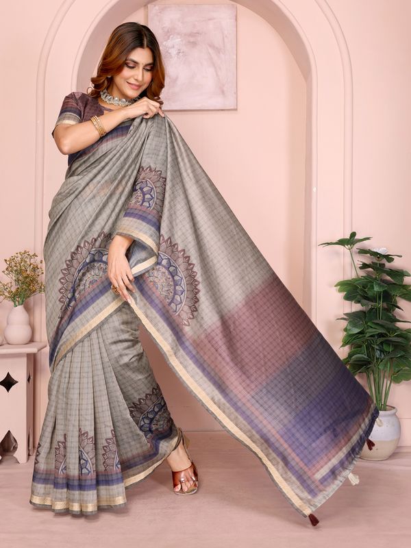 Taupe Chanderi Cotton Saree with Botanical Border Detailing