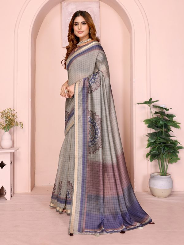 Taupe Chanderi Cotton Saree with Botanical Border Detailing