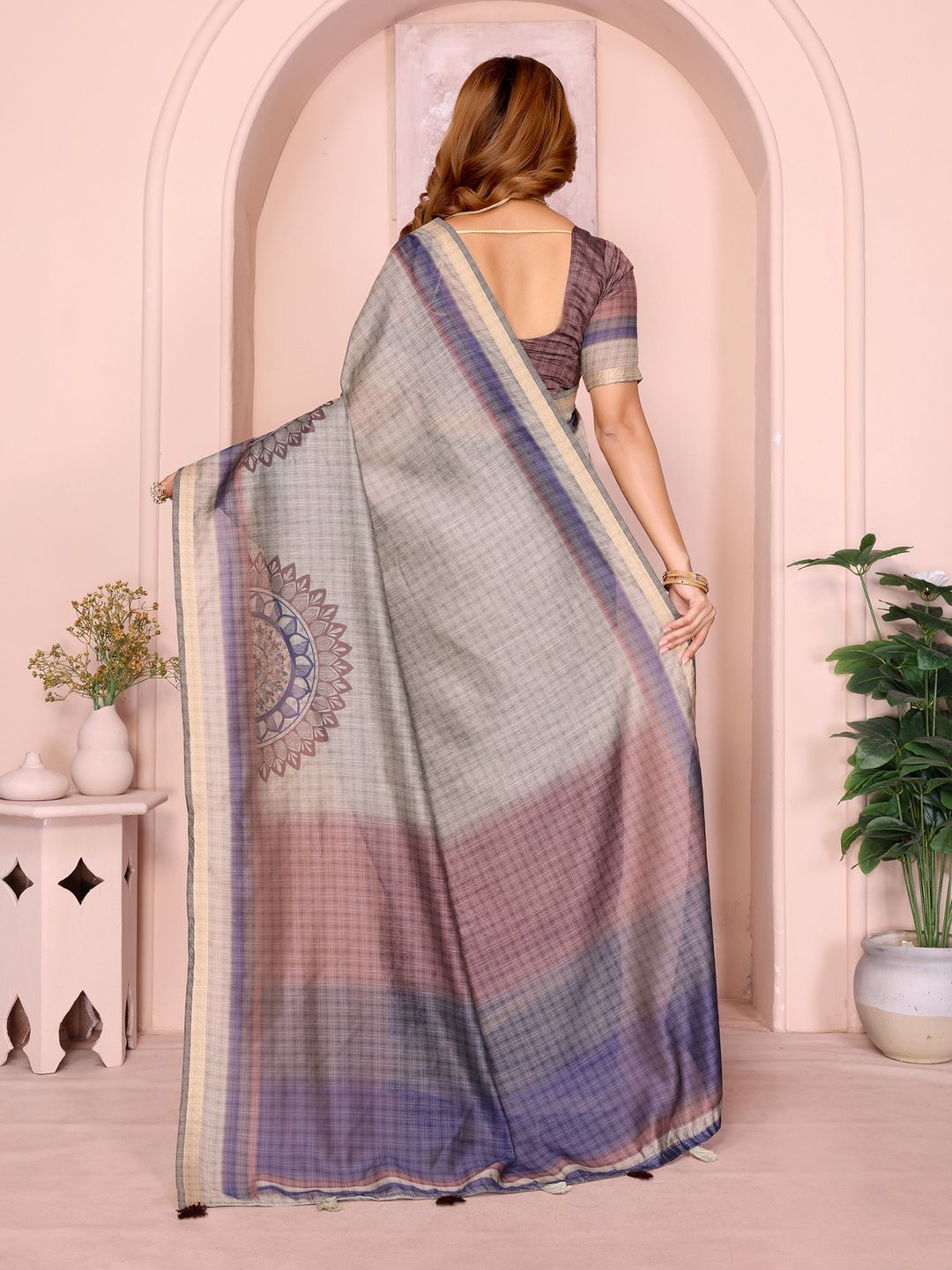 Taupe Chanderi Cotton Saree with Botanical Border Detailing