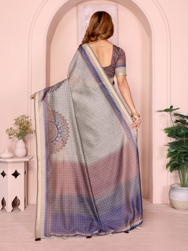 Taupe Chanderi Cotton Saree with Botanical Border Detailing