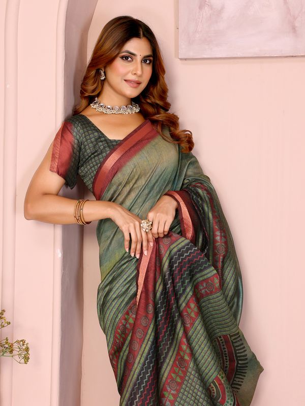 Buy Olive Black Chanderi Cotton Saree with Geometric Border