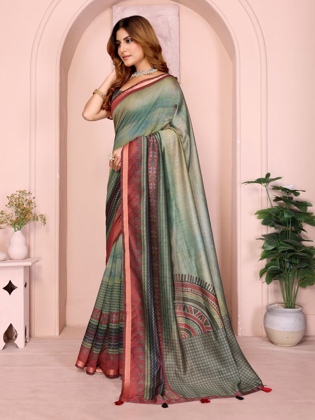 Buy Olive Black Chanderi Cotton Saree with Geometric Border