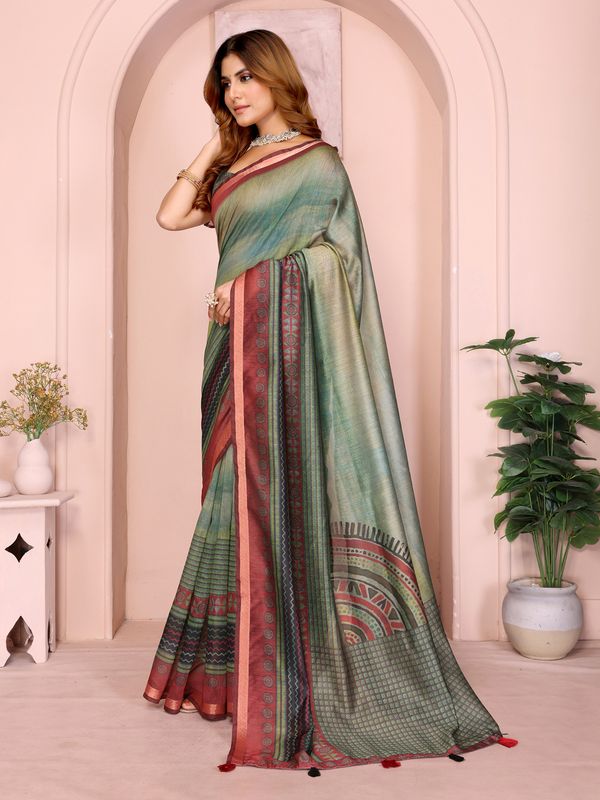 Buy Olive Black Chanderi Cotton Saree with Geometric Border