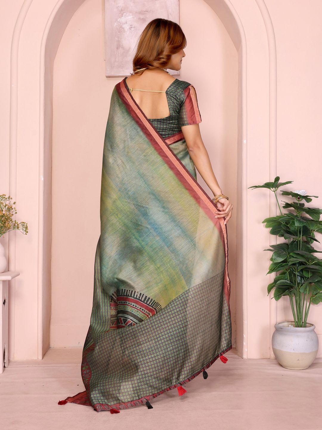 Buy Olive Black Chanderi Cotton Saree with Geometric Border