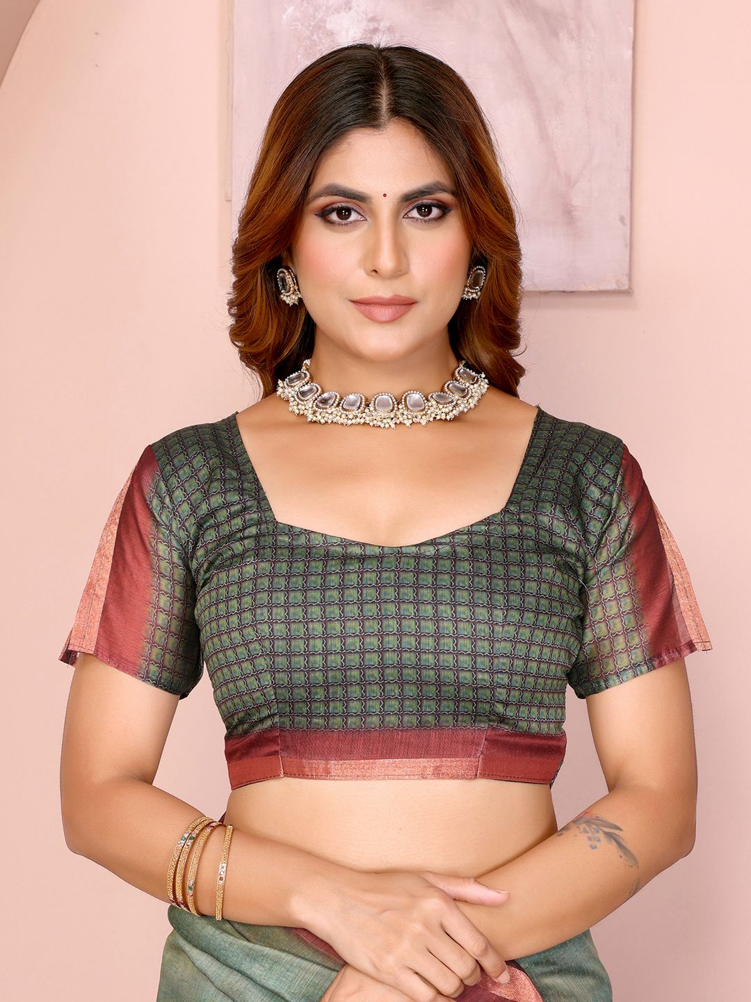 Buy Olive Black Chanderi Cotton Saree with Geometric Border