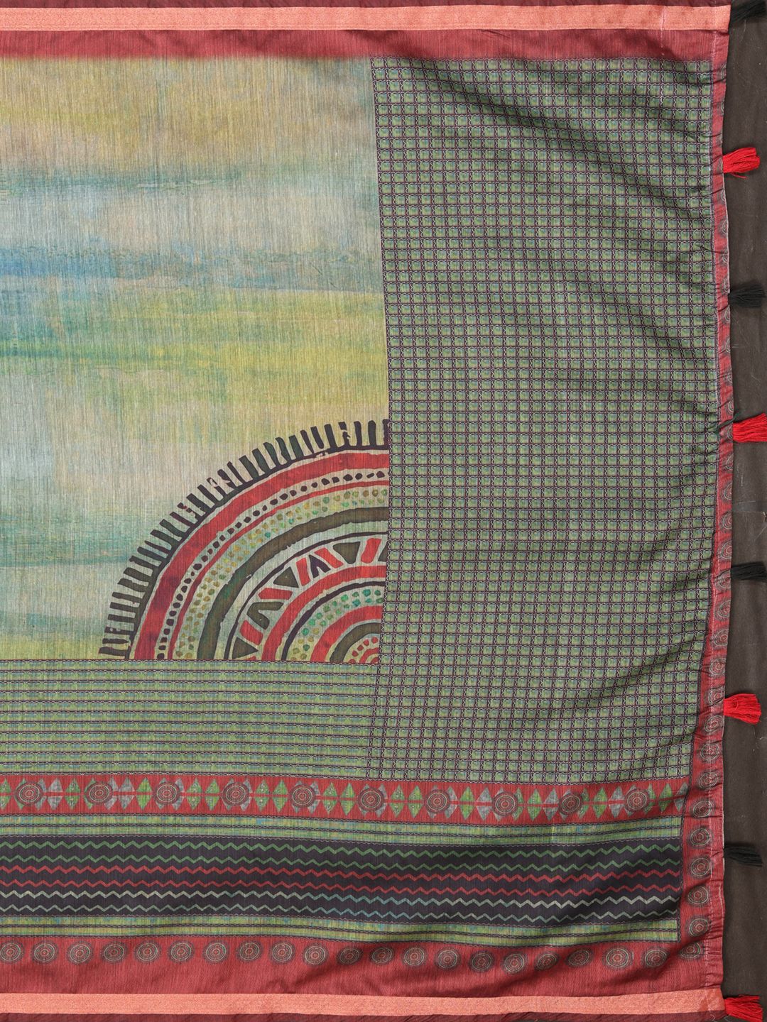 Buy Olive Black Chanderi Cotton Saree with Geometric Border