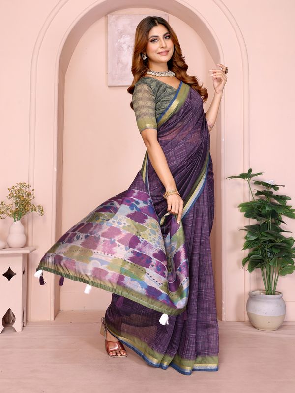 Purple Chanderi Cotton Saree with Printed Pallu and Borders