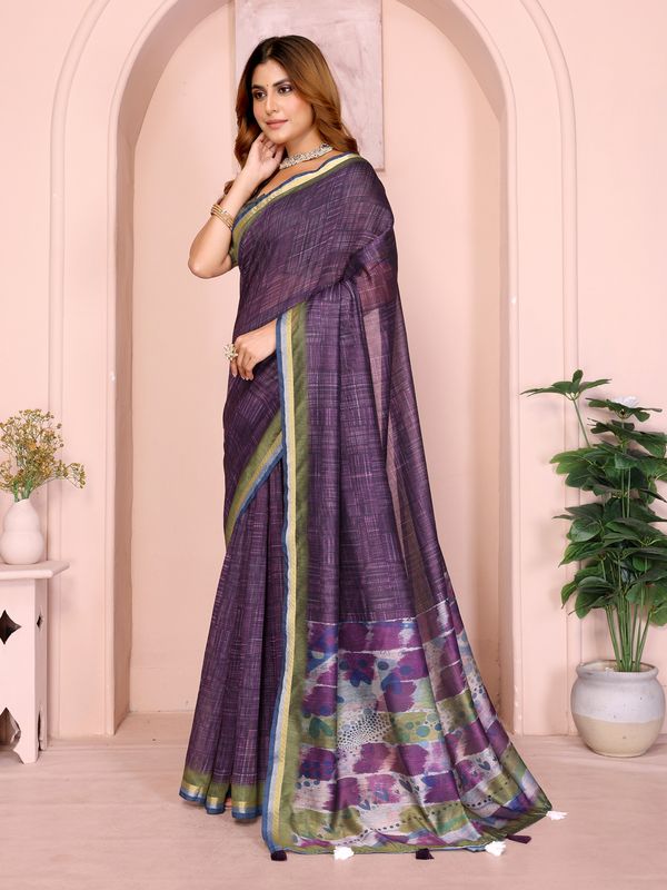 Purple Chanderi Cotton Saree with Printed Pallu and Borders