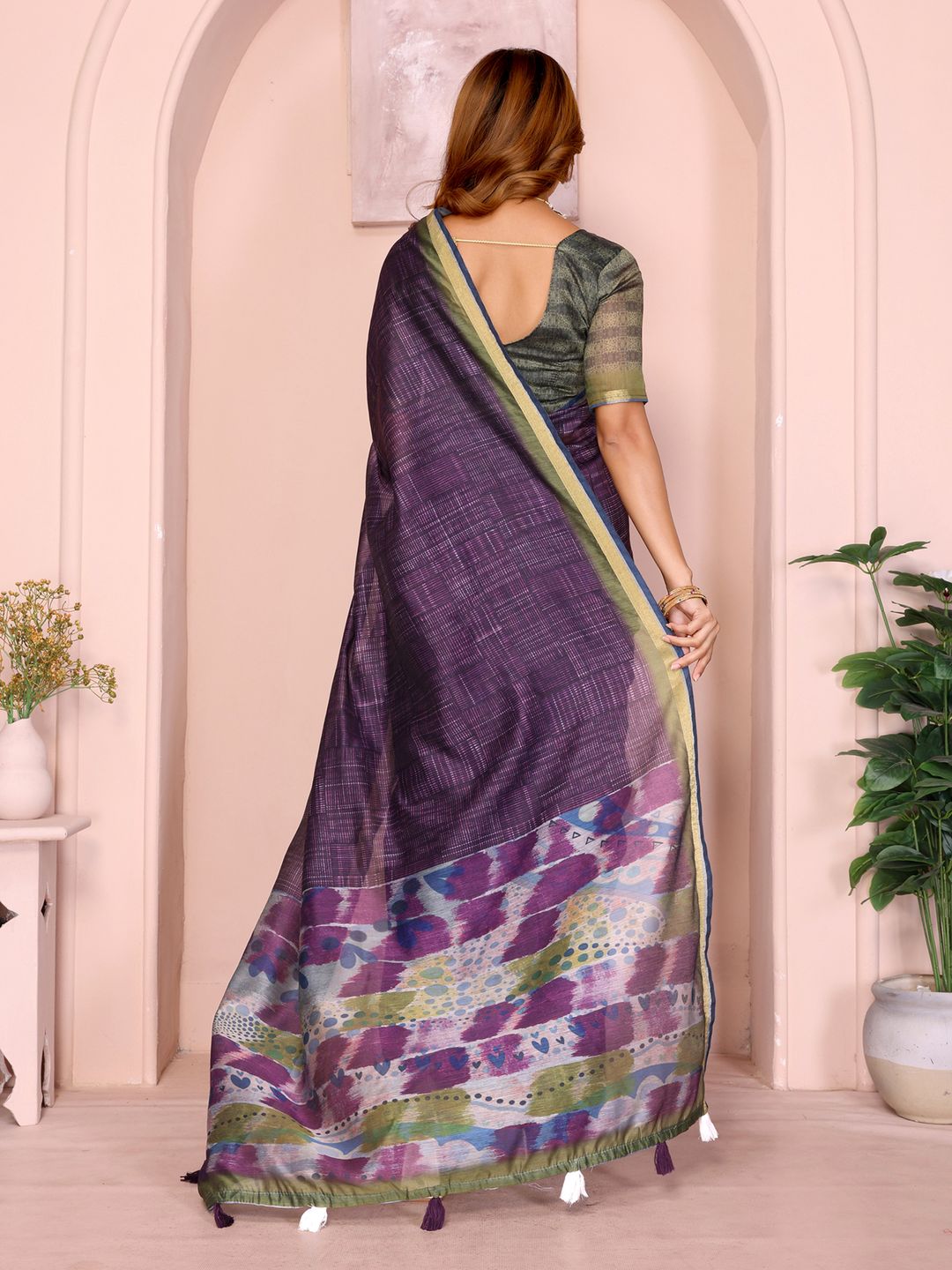 Purple Chanderi Cotton Saree with Printed Pallu and Borders