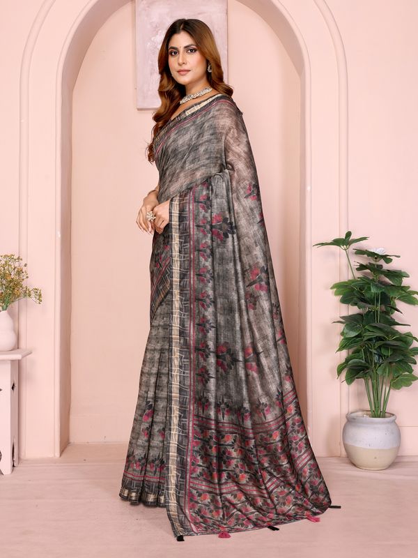 Charcoal Chanderi Cotton Saree with Maroon Floral Detailing