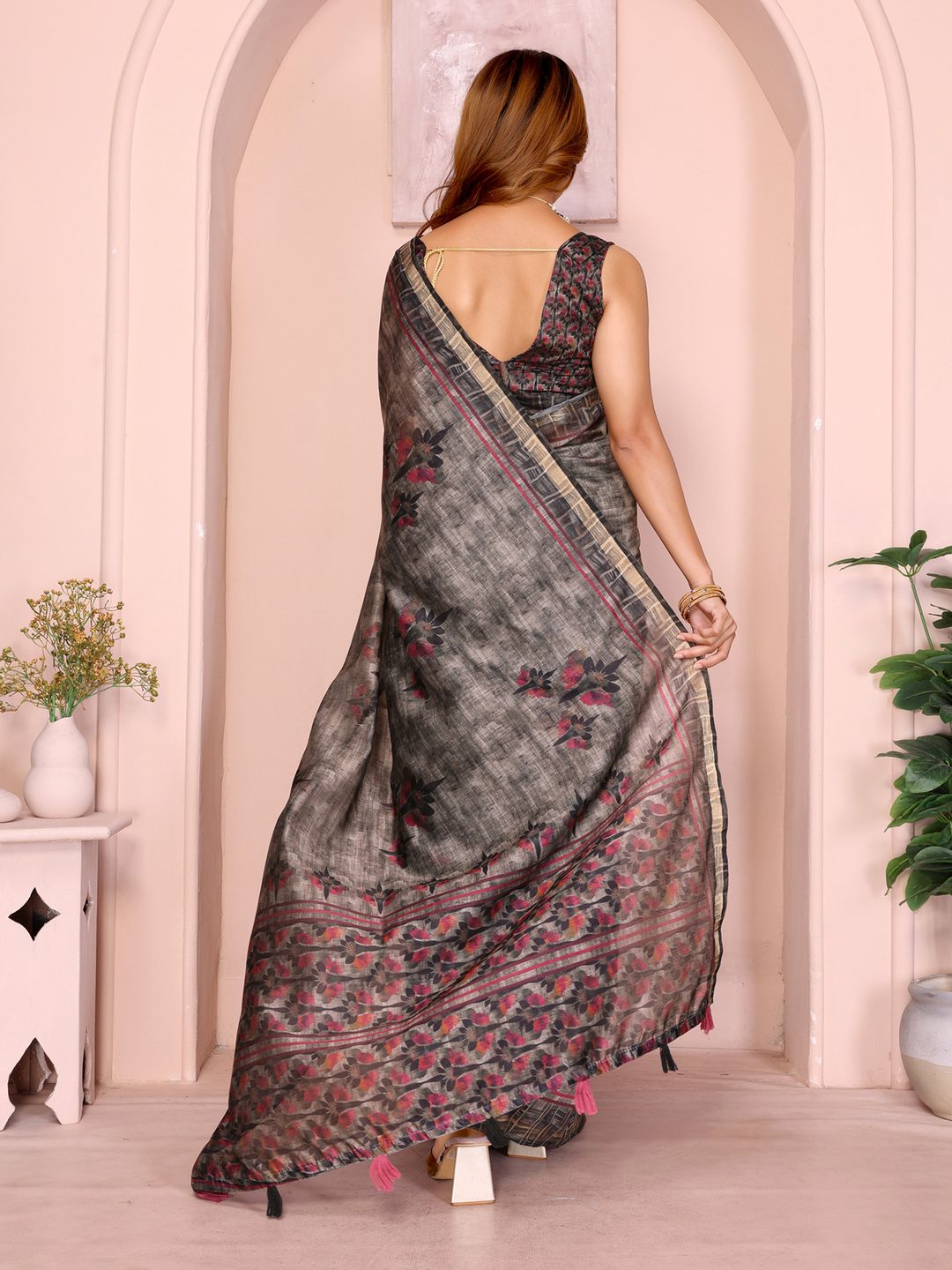 Charcoal Chanderi Cotton Saree with Maroon Floral Detailing