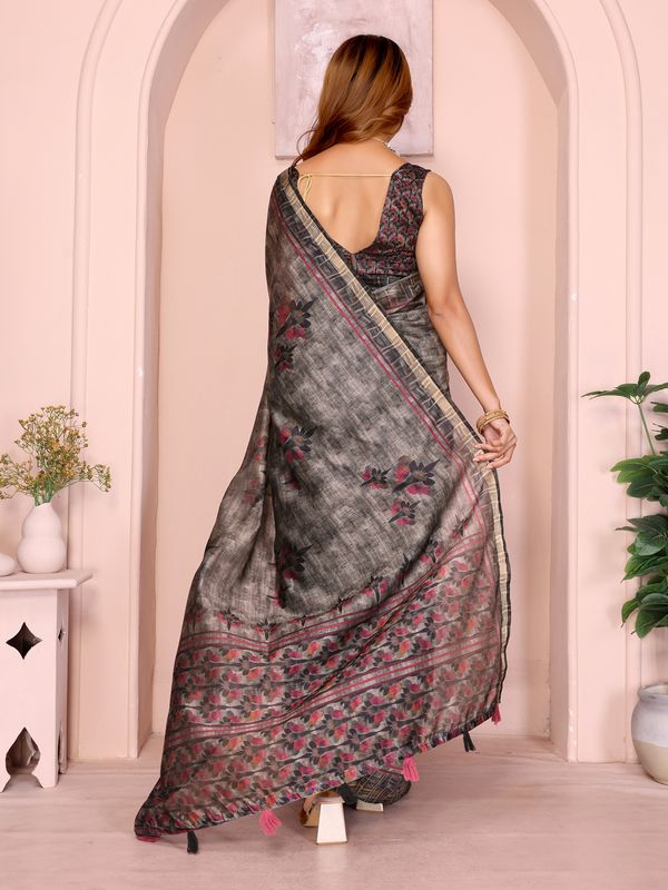 Charcoal Chanderi Cotton Saree with Maroon Floral Detailing