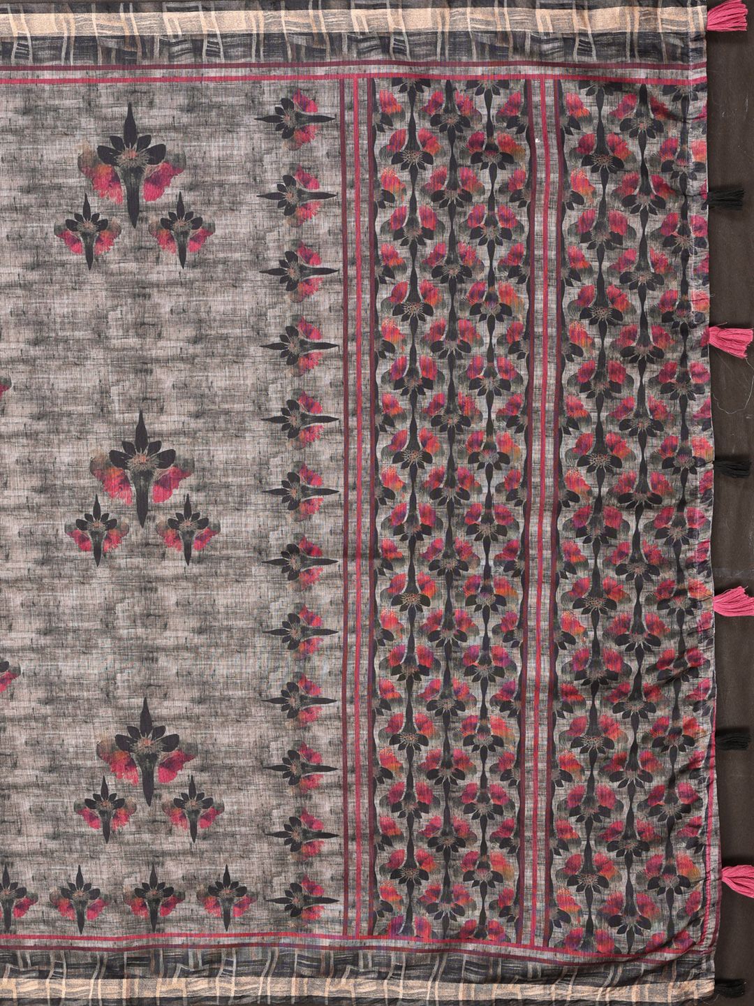 Charcoal Chanderi Cotton Saree with Maroon Floral Detailing
