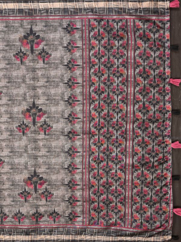 Charcoal Chanderi Cotton Saree with Maroon Floral Detailing