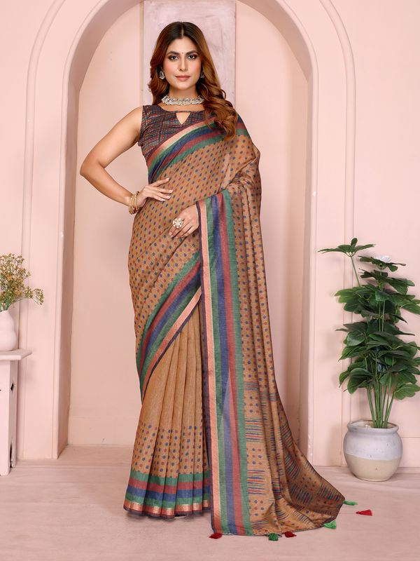 Mustard Brown Chanderi Cotton Saree with Polka Print Border